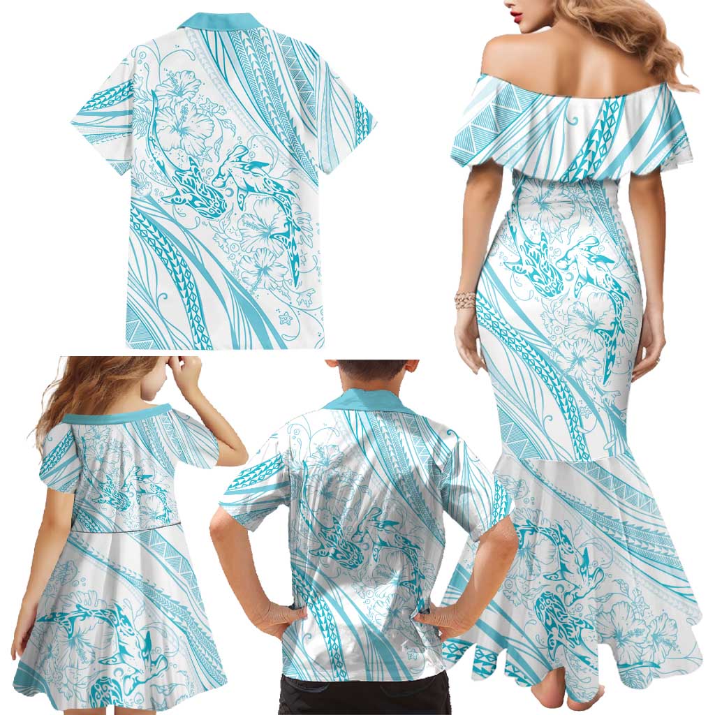 Sharks Couple Dreamy Polynesians Floral Sea Family Matching Mermaid Dress and Hawaiian Shirt Turquoise - Polynesian Pride