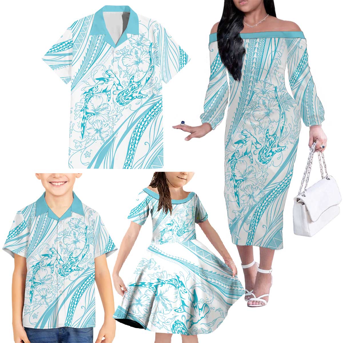 Sharks Couple Dreamy Polynesians Floral Sea Family Matching Off The Shoulder Long Sleeve Dress and Hawaiian Shirt Turquoise - Polynesian Pride