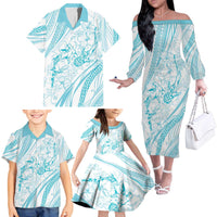 Sharks Couple Dreamy Polynesians Floral Sea Family Matching Off The Shoulder Long Sleeve Dress and Hawaiian Shirt Turquoise - Polynesian Pride