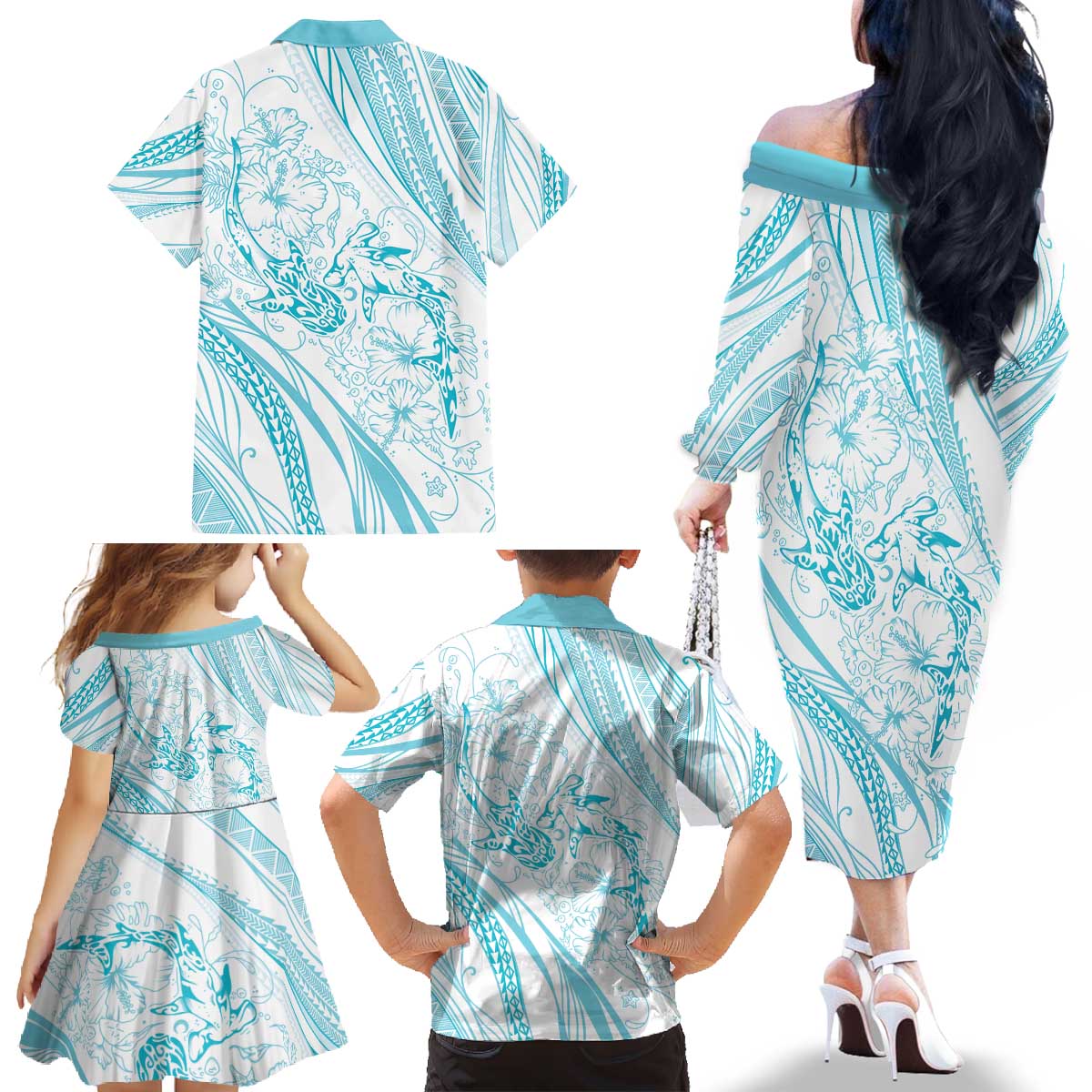Sharks Couple Dreamy Polynesians Floral Sea Family Matching Off The Shoulder Long Sleeve Dress and Hawaiian Shirt Turquoise - Polynesian Pride
