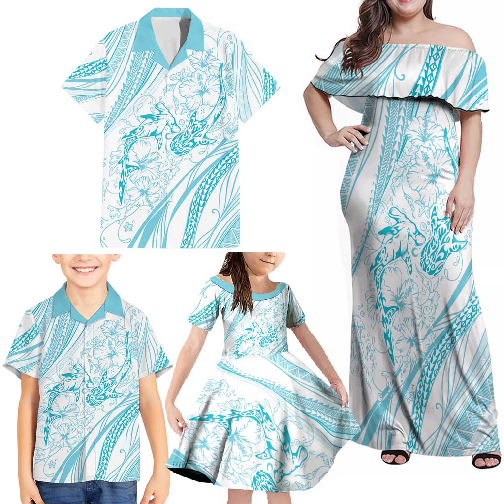Sharks Couple Dreamy Polynesians Floral Sea Family Matching Off Shoulder Maxi Dress and Hawaiian Shirt Turquoise - Polynesian Pride
