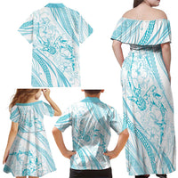 Sharks Couple Dreamy Polynesians Floral Sea Family Matching Off Shoulder Maxi Dress and Hawaiian Shirt Turquoise - Polynesian Pride