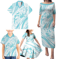 Sharks Couple Dreamy Polynesians Floral Sea Family Matching Puletasi and Hawaiian Shirt Turquoise - Polynesian Pride