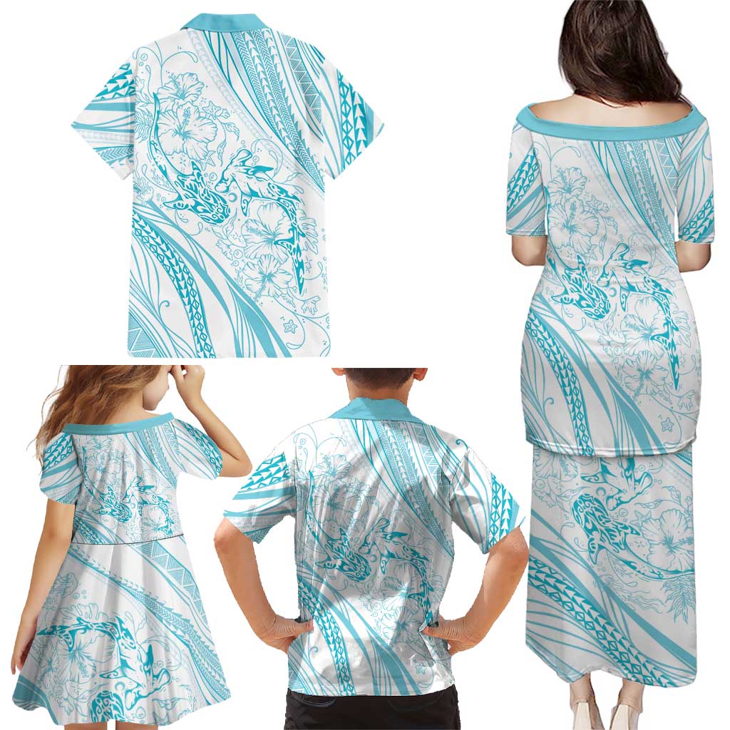 Sharks Couple Dreamy Polynesians Floral Sea Family Matching Puletasi and Hawaiian Shirt Turquoise - Polynesian Pride