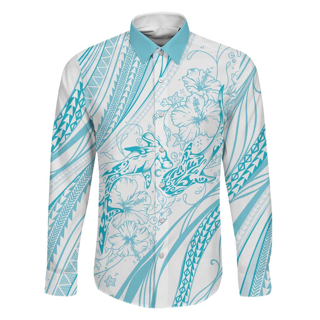 Sharks Couple Dreamy Polynesians Floral Sea Family Matching Puletasi and Hawaiian Shirt Turquoise - Polynesian Pride