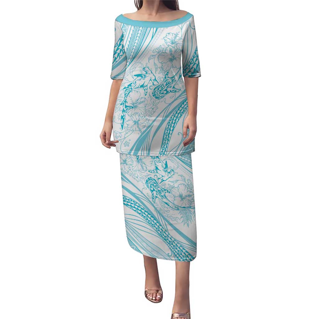Sharks Couple Dreamy Polynesians Floral Sea Family Matching Puletasi and Hawaiian Shirt Turquoise - Polynesian Pride