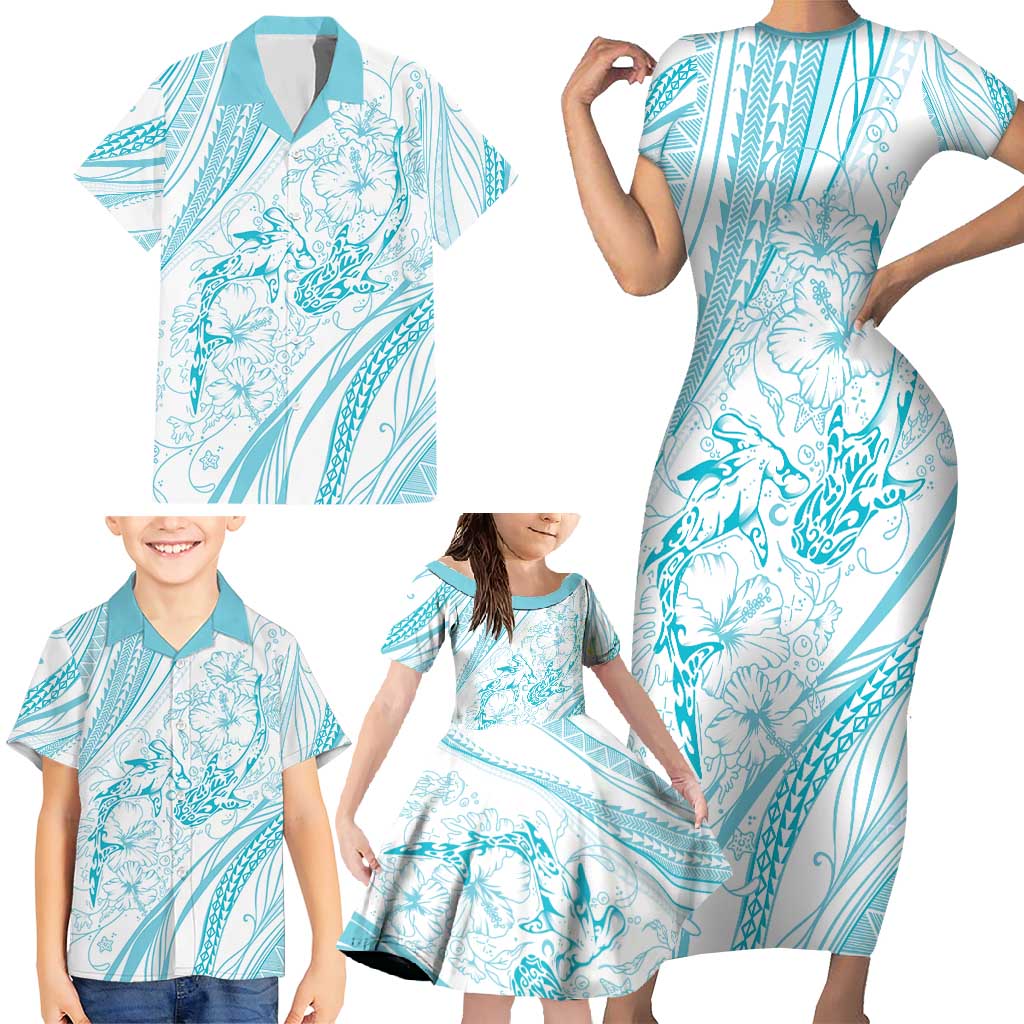Sharks Couple Dreamy Polynesians Floral Sea Family Matching Short Sleeve Bodycon Dress and Hawaiian Shirt Turquoise - Polynesian Pride