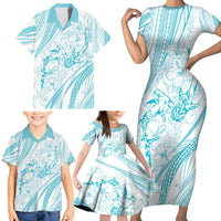 Sharks Couple Dreamy Polynesians Floral Sea Family Matching Short Sleeve Bodycon Dress and Hawaiian Shirt Turquoise - Polynesian Pride