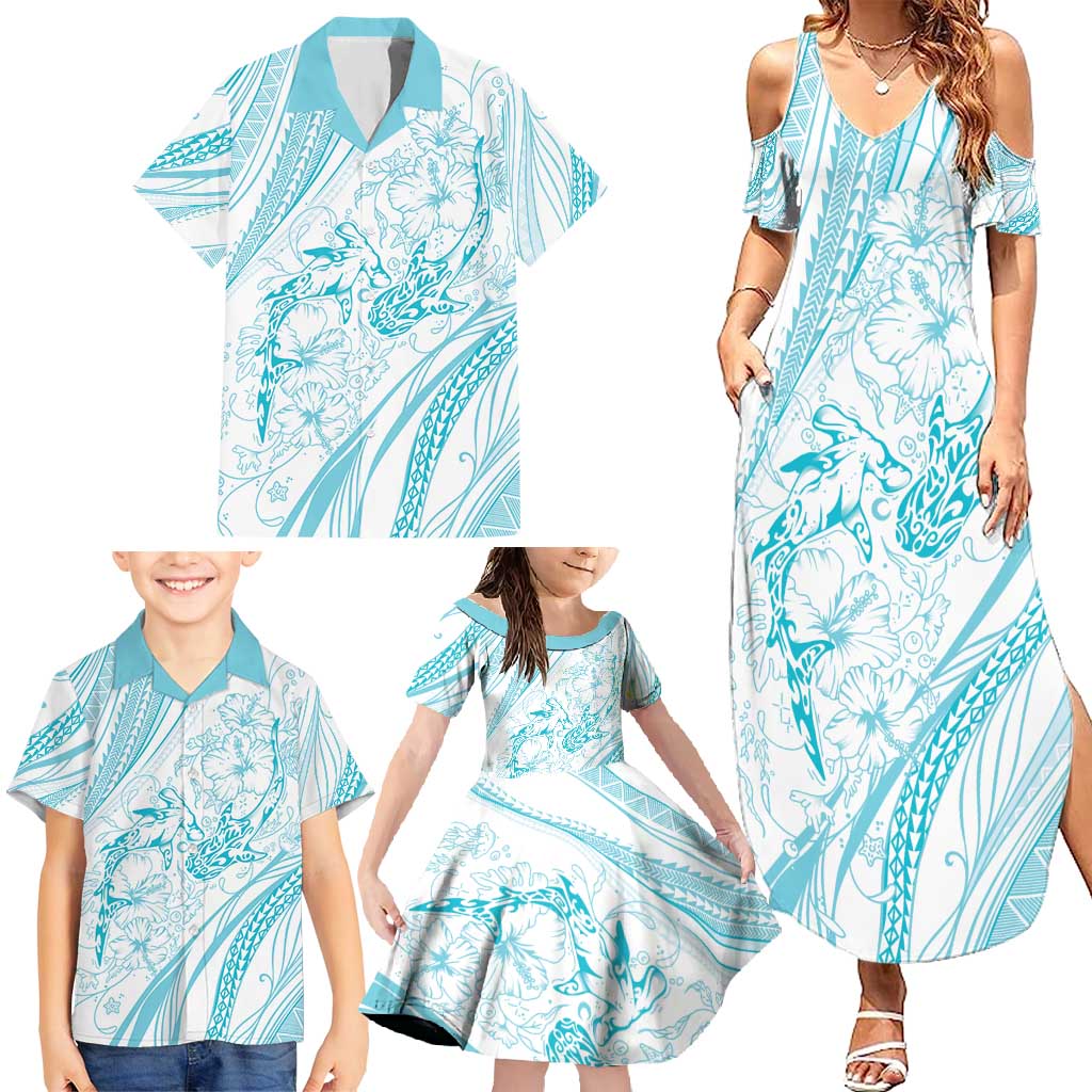 Sharks Couple Dreamy Polynesians Floral Sea Family Matching Summer Maxi Dress and Hawaiian Shirt Turquoise - Polynesian Pride