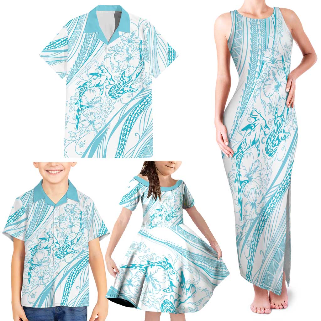 Sharks Couple Dreamy Polynesians Floral Sea Family Matching Tank Maxi Dress and Hawaiian Shirt Turquoise - Polynesian Pride