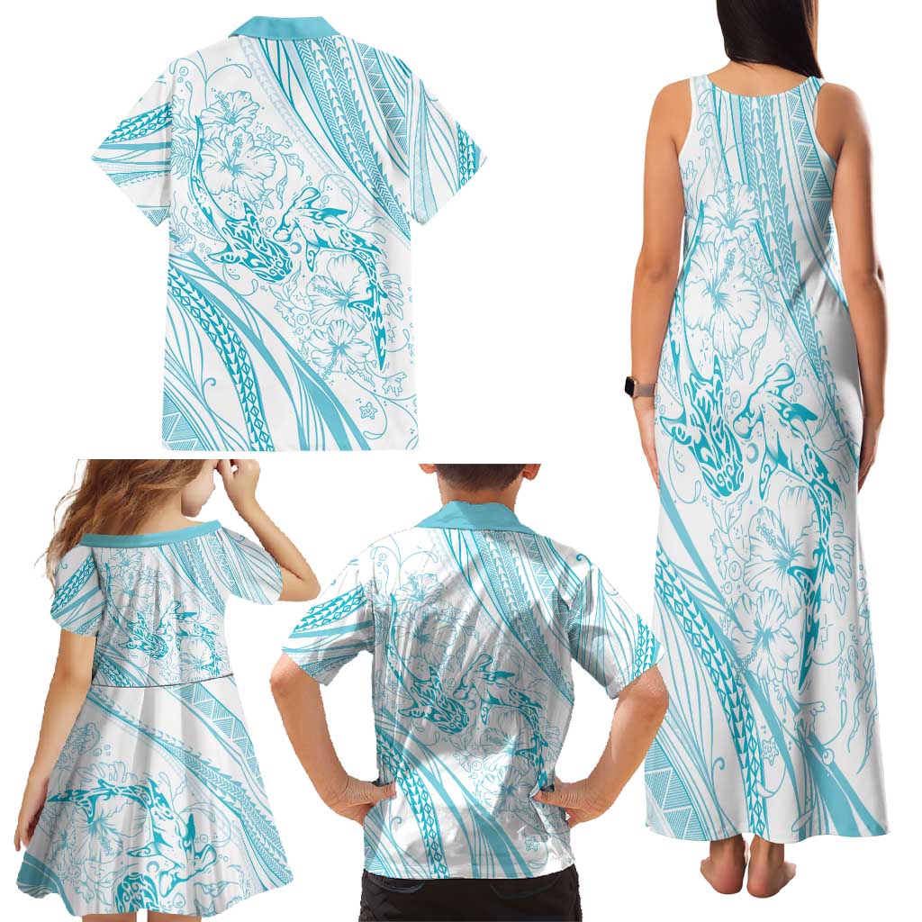 Sharks Couple Dreamy Polynesians Floral Sea Family Matching Tank Maxi Dress and Hawaiian Shirt Turquoise - Polynesian Pride