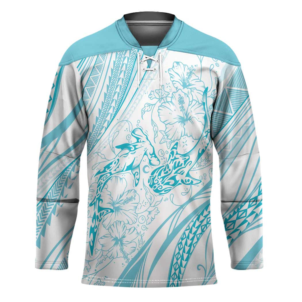 Sharks Couple Dreamy Polynesians Floral Sea Hockey Jersey Turquoise - Polynesian Pride