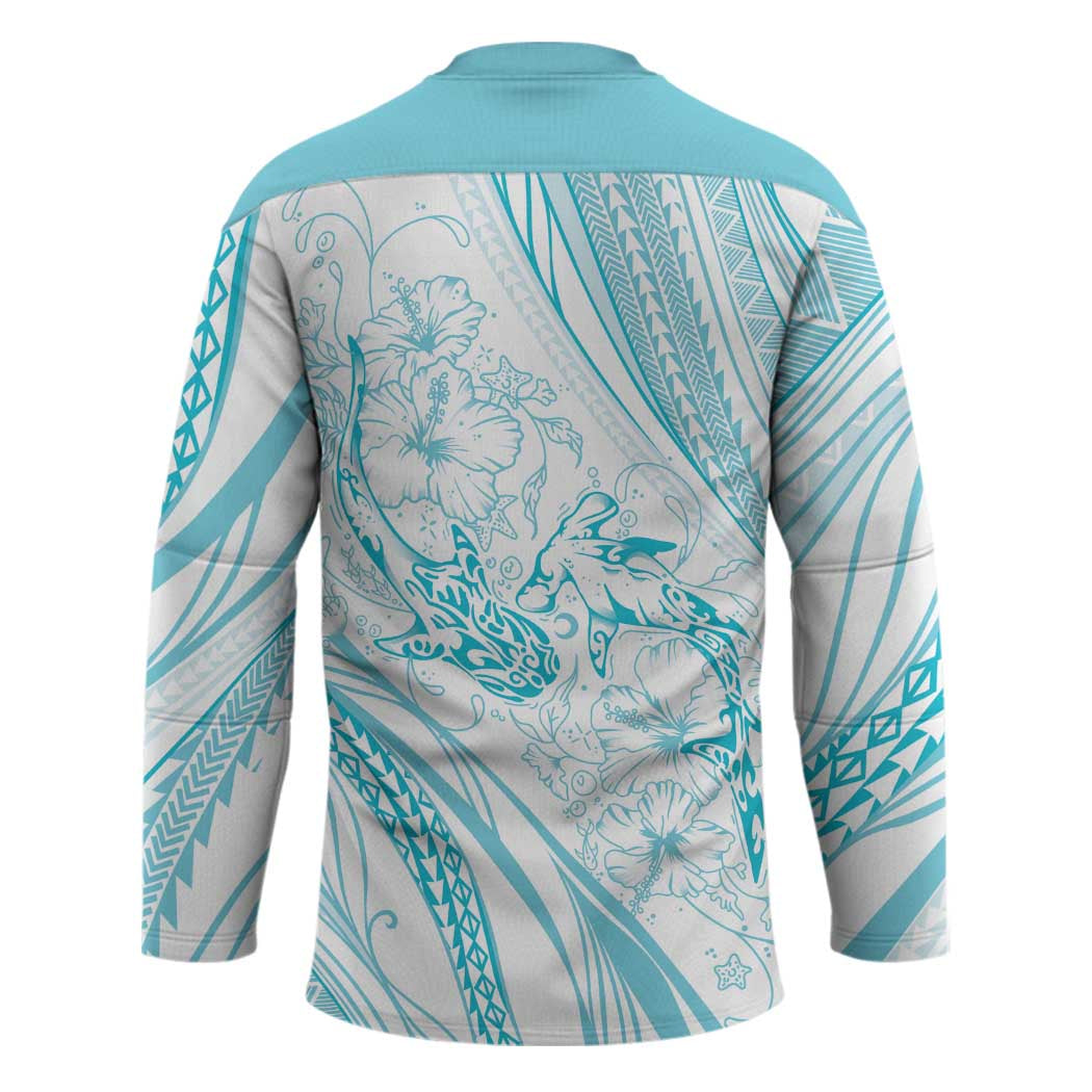 Sharks Couple Dreamy Polynesians Floral Sea Hockey Jersey Turquoise - Polynesian Pride