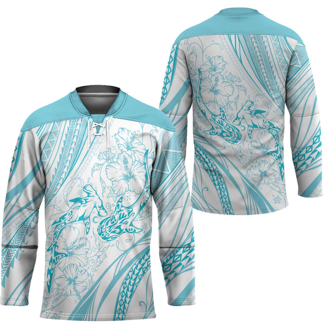Sharks Couple Dreamy Polynesians Floral Sea Hockey Jersey Turquoise - Polynesian Pride