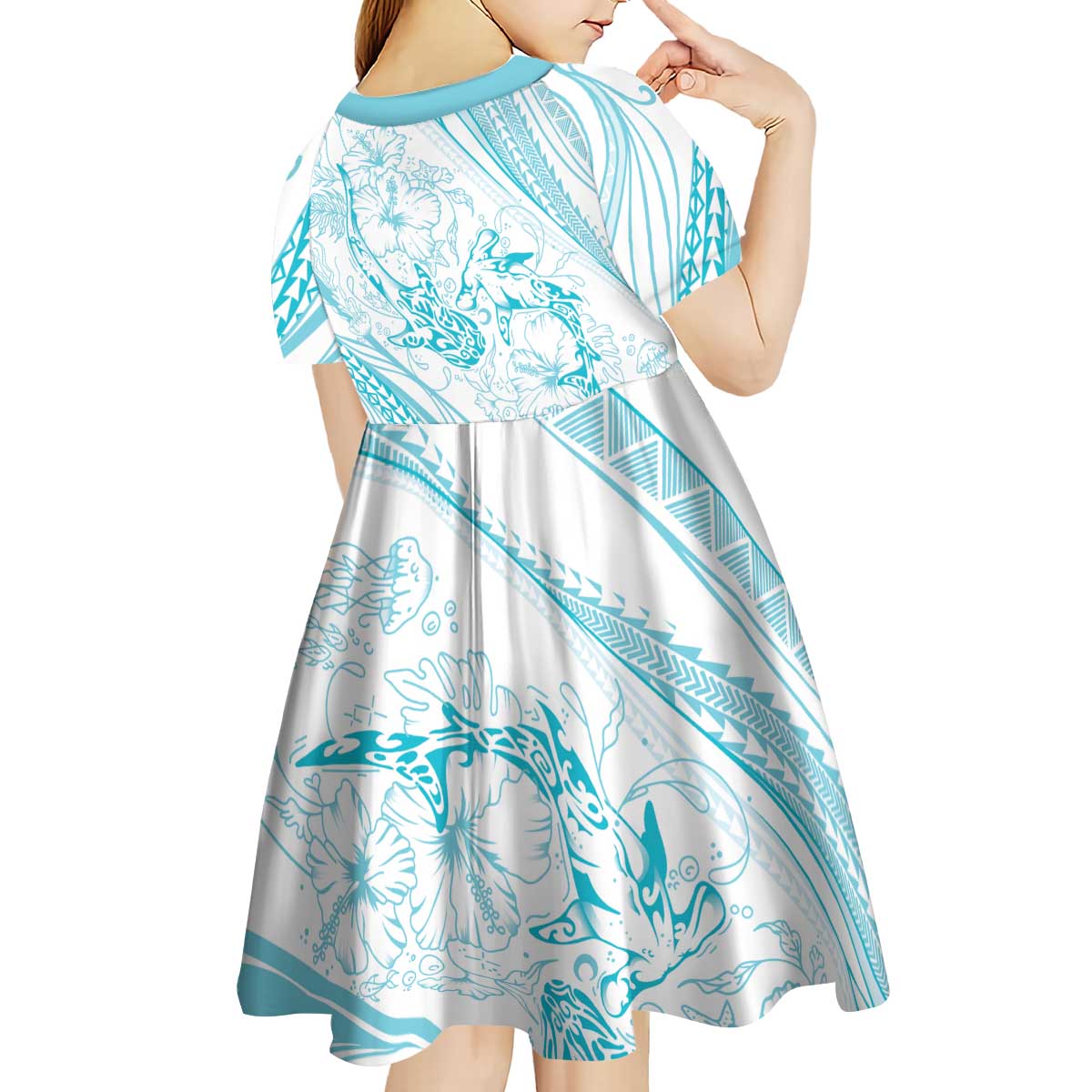 Sharks Couple Dreamy Polynesians Floral Sea Kid Short Sleeve Dress Turquoise - Polynesian Pride