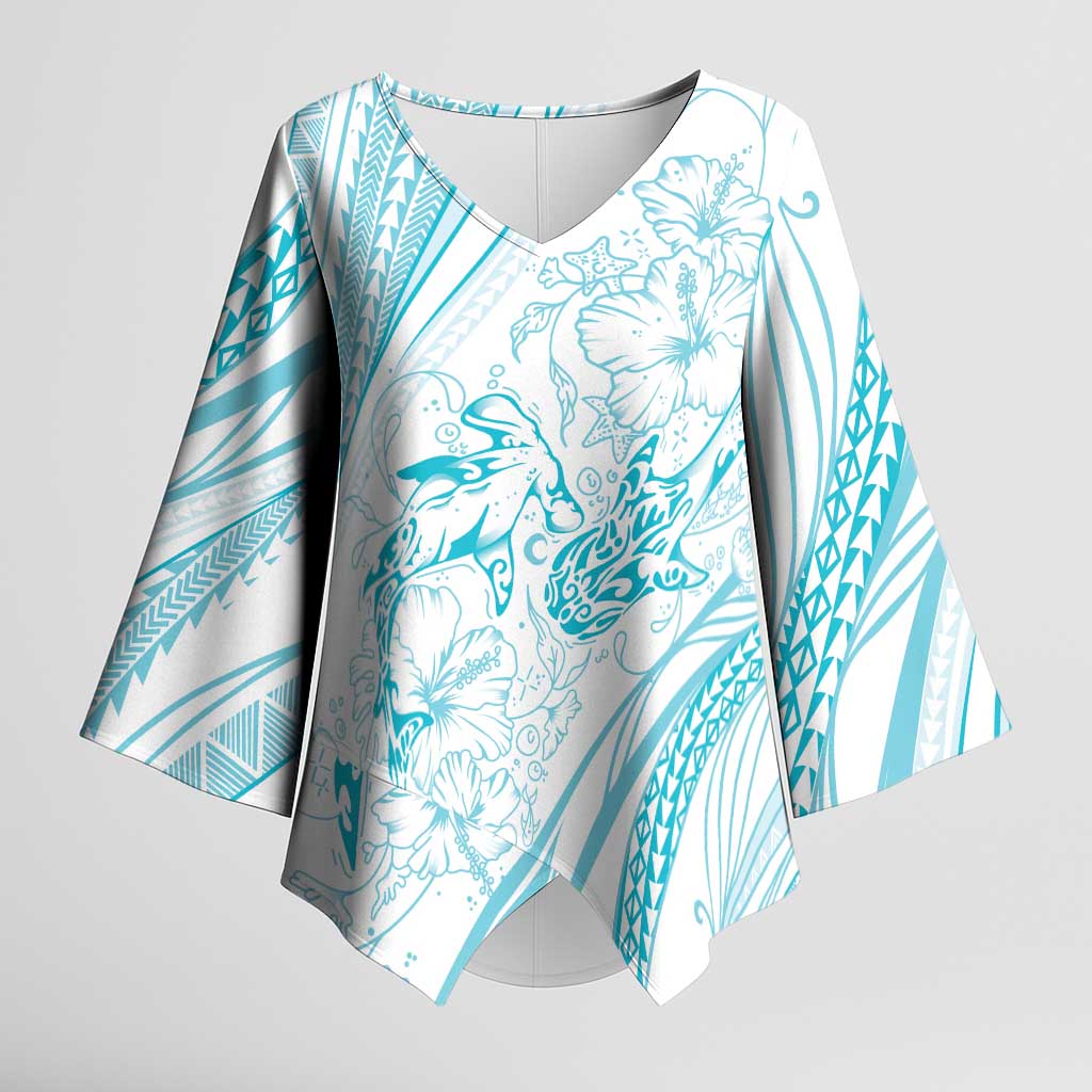 Sharks Couple Dreamy Polynesians Floral Sea Kimono Sleeve Blouse Turquoise LT7 Female Turquoise - Polynesian Pride