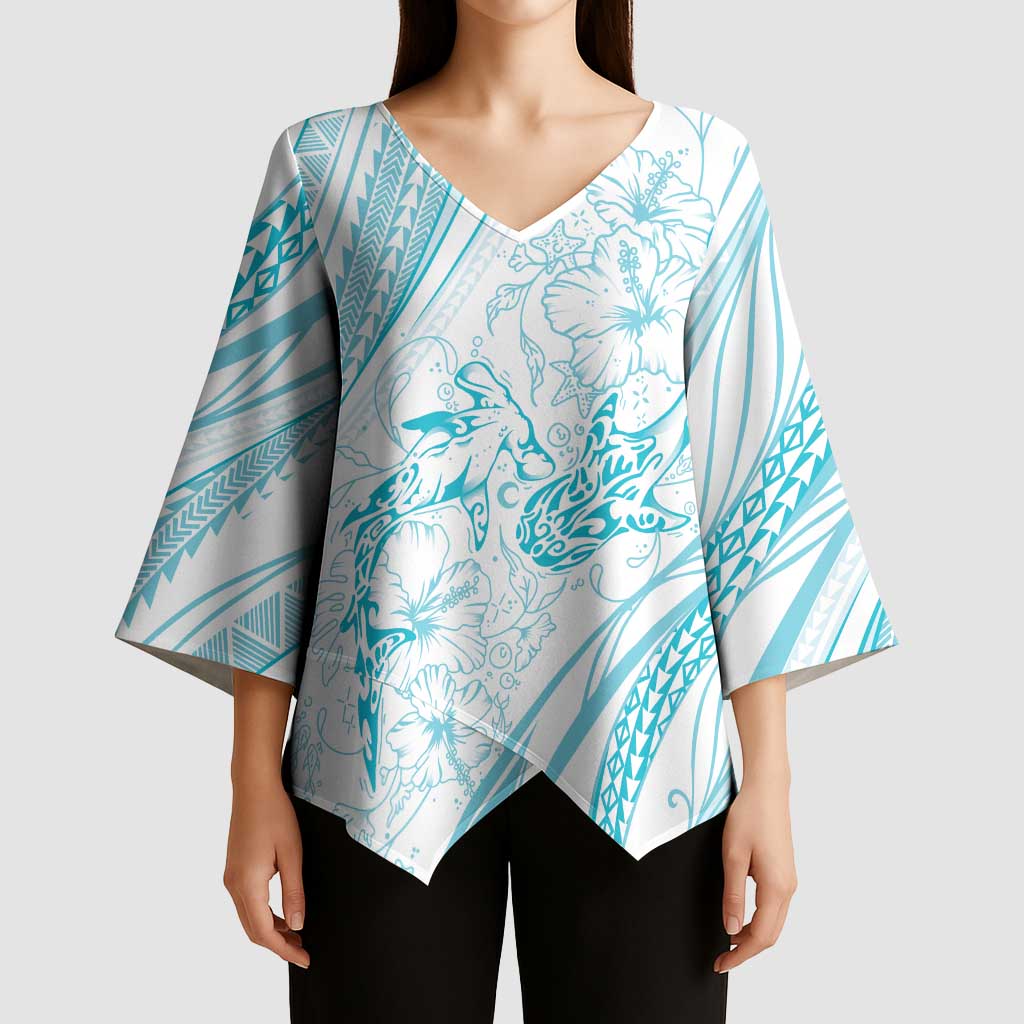 Sharks Couple Dreamy Polynesians Floral Sea Kimono Sleeve Blouse Turquoise LT7 - Polynesian Pride