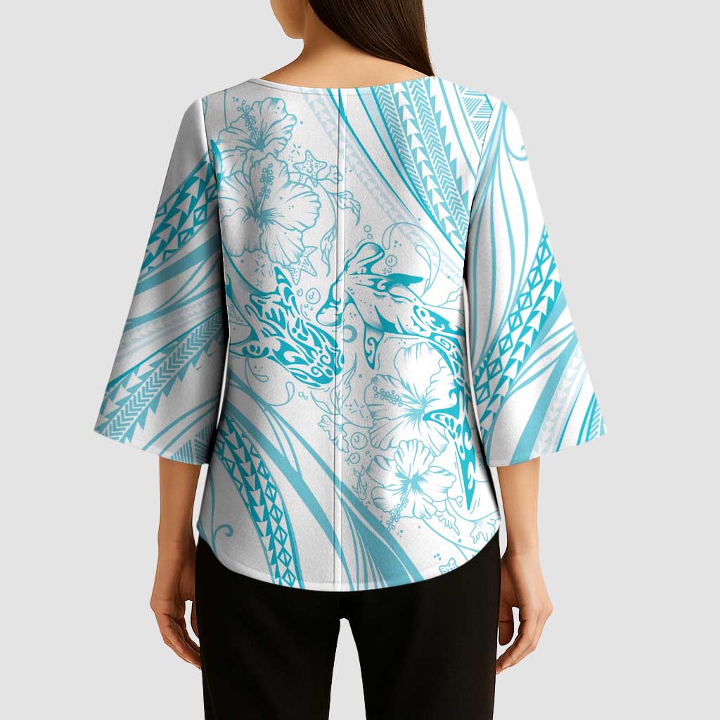 Sharks Couple Dreamy Polynesians Floral Sea Kimono Sleeve Blouse Turquoise LT7 - Polynesian Pride