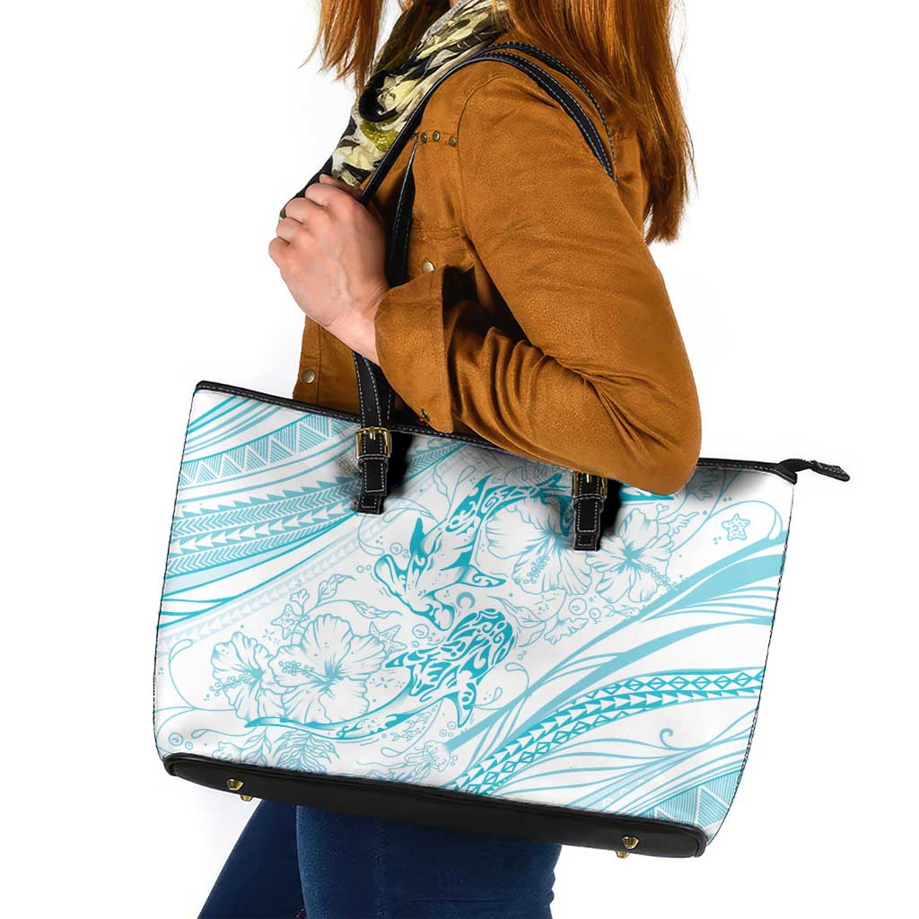 Sharks Couple Dreamy Polynesians Floral Sea Leather Tote Bag Turquoise - Polynesian Pride