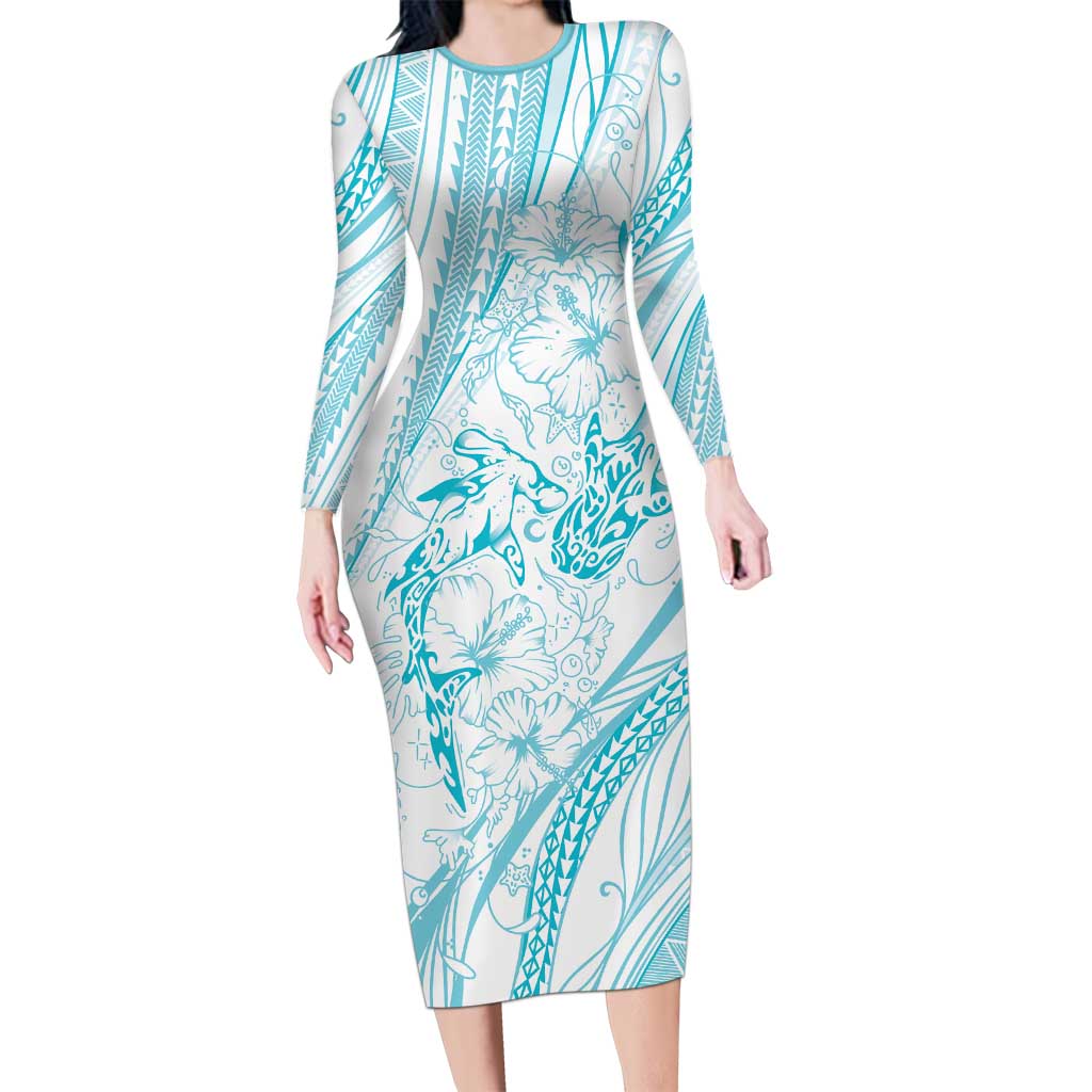 Sharks Couple Dreamy Polynesians Floral Sea Long Sleeve Bodycon Dress Turquoise - Polynesian Pride