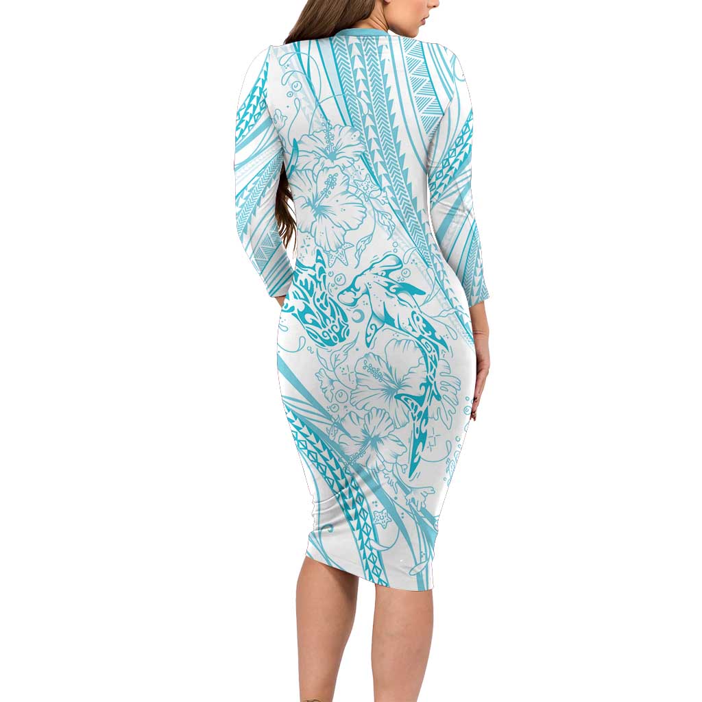 Sharks Couple Dreamy Polynesians Floral Sea Long Sleeve Bodycon Dress Turquoise - Polynesian Pride