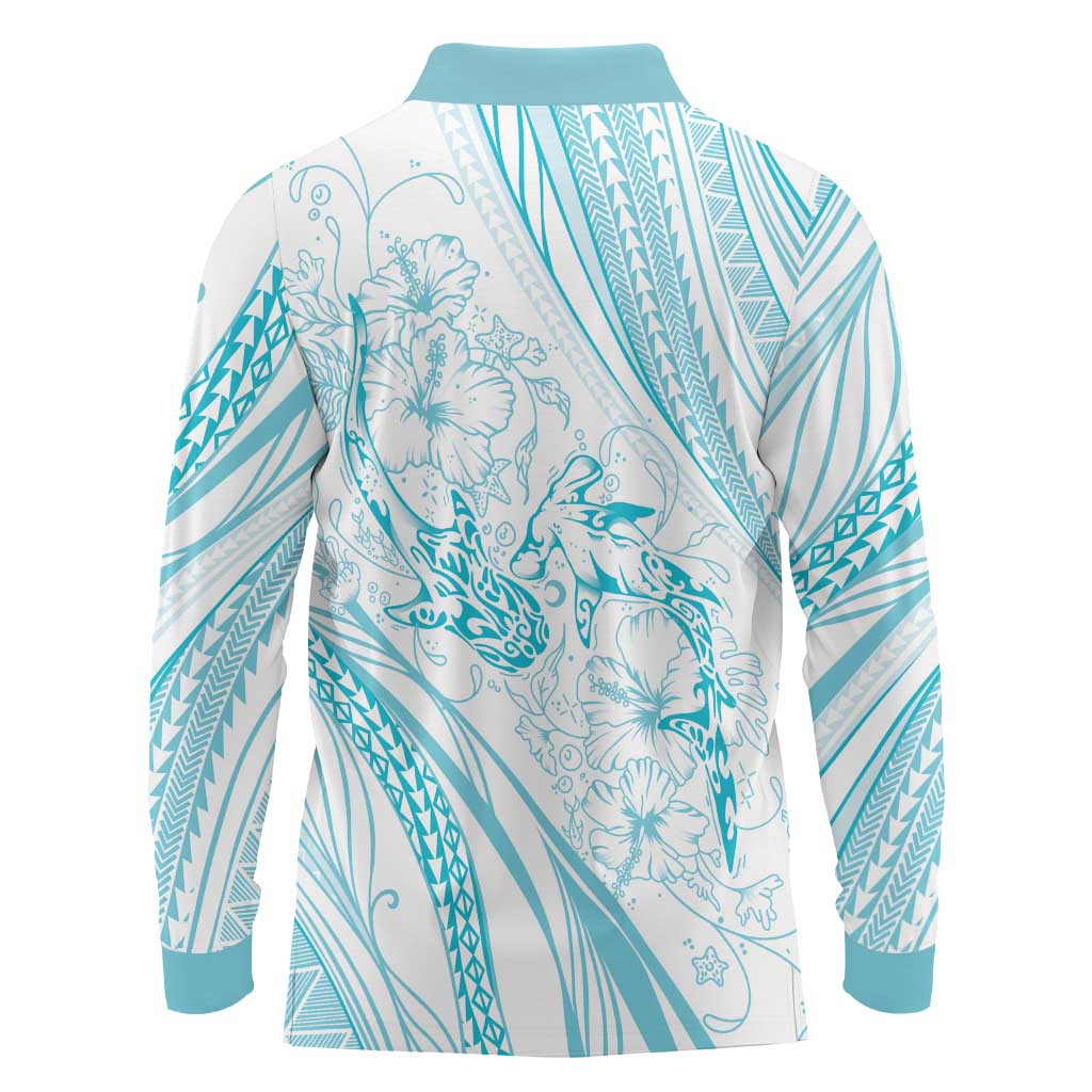 Sharks Couple Dreamy Polynesians Floral Sea Long Sleeve Polo Shirt Turquoise - Polynesian Pride