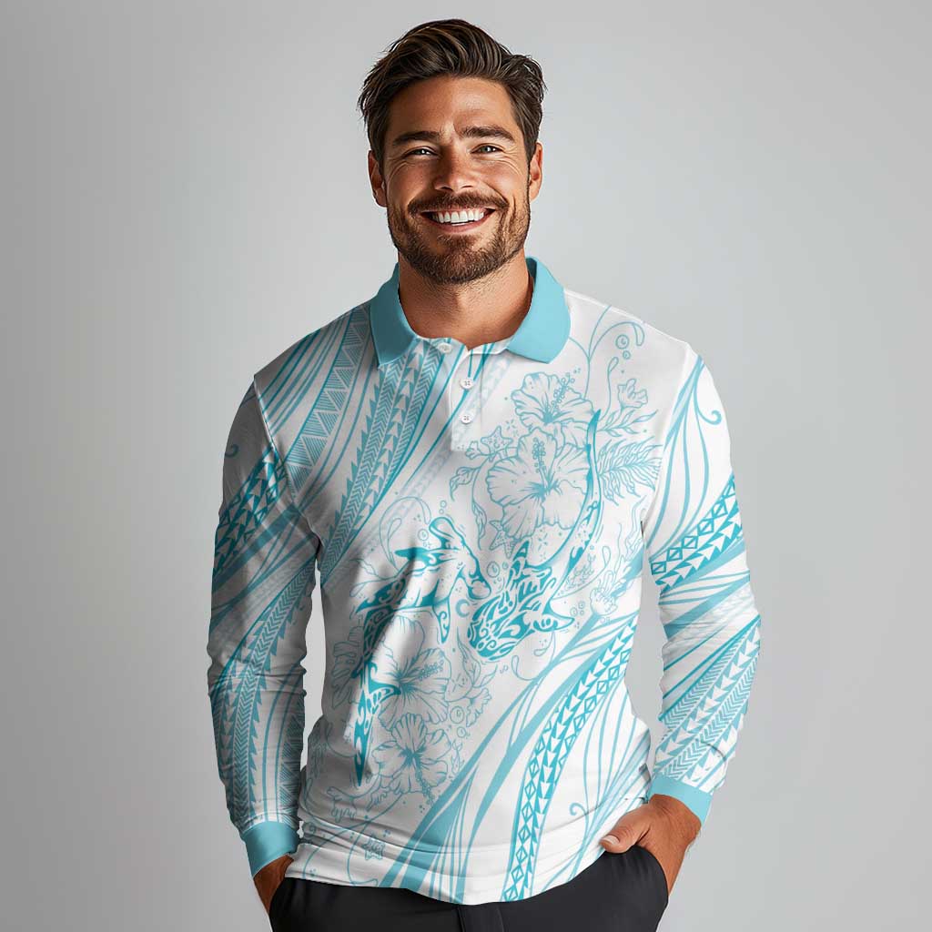 Sharks Couple Dreamy Polynesians Floral Sea Long Sleeve Polo Shirt Turquoise - Polynesian Pride