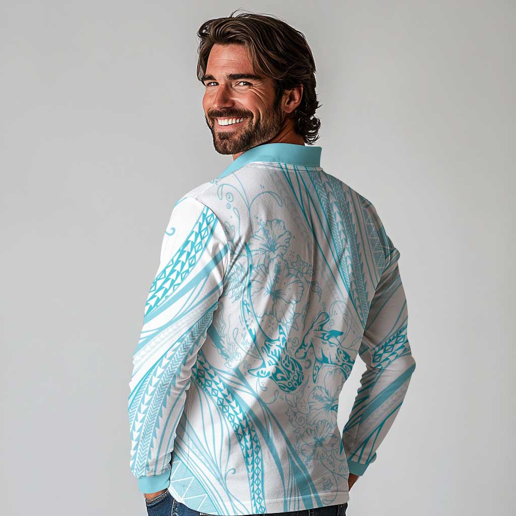 Sharks Couple Dreamy Polynesians Floral Sea Long Sleeve Polo Shirt Turquoise - Polynesian Pride