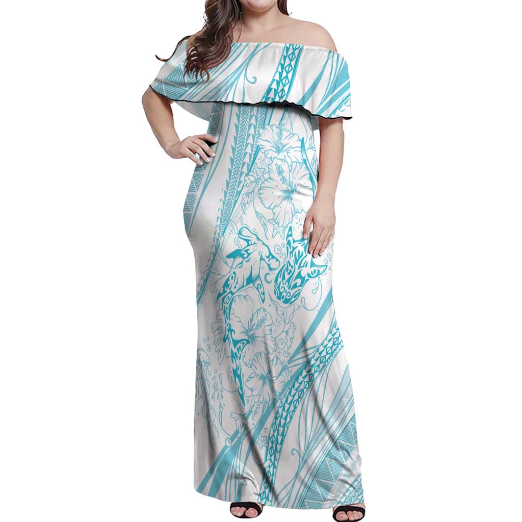 Sharks Couple Dreamy Polynesians Floral Sea Off Shoulder Maxi Dress Turquoise LT7 Women Turquoise - Polynesian Pride