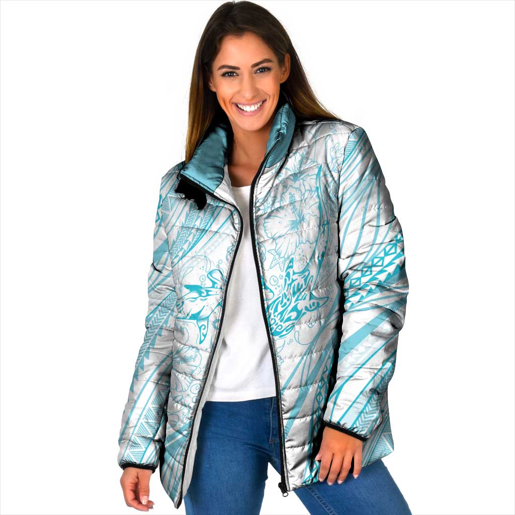 Sharks Couple Dreamy Polynesians Floral Sea Padded Jacket Turquoise LT7 Women Turquoise - Polynesian Pride