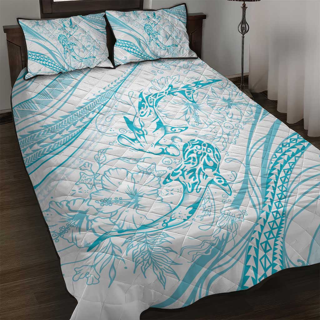 Sharks Couple Dreamy Polynesians Floral Sea Quilt Bed Set Turquoise - Polynesian Pride
