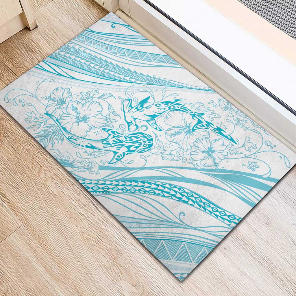Sharks Couple Dreamy Polynesians Floral Sea Rubber Doormat Turquoise LT7 - Polynesian Pride