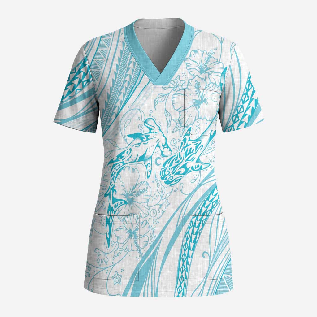 Sharks Couple Dreamy Polynesians Floral Sea Scrub Top Turquoise LT7 Adult Turquoise - Polynesian Pride