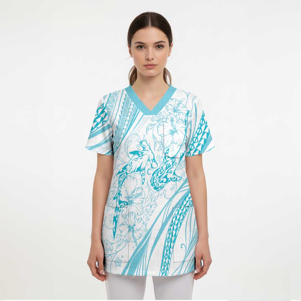 Sharks Couple Dreamy Polynesians Floral Sea Scrub Top Turquoise LT7 - Polynesian Pride