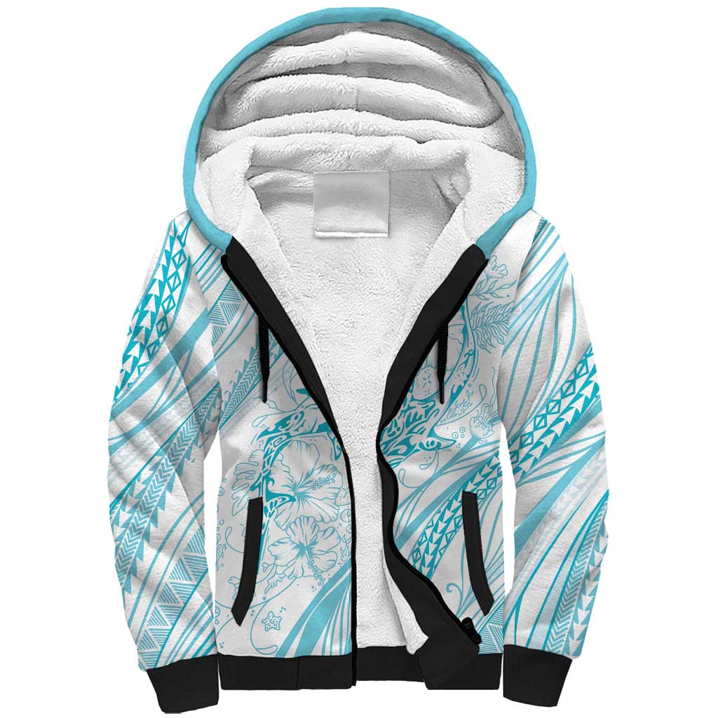Sharks Couple Dreamy Polynesians Floral Sea Sherpa Hoodie Turquoise - Polynesian Pride