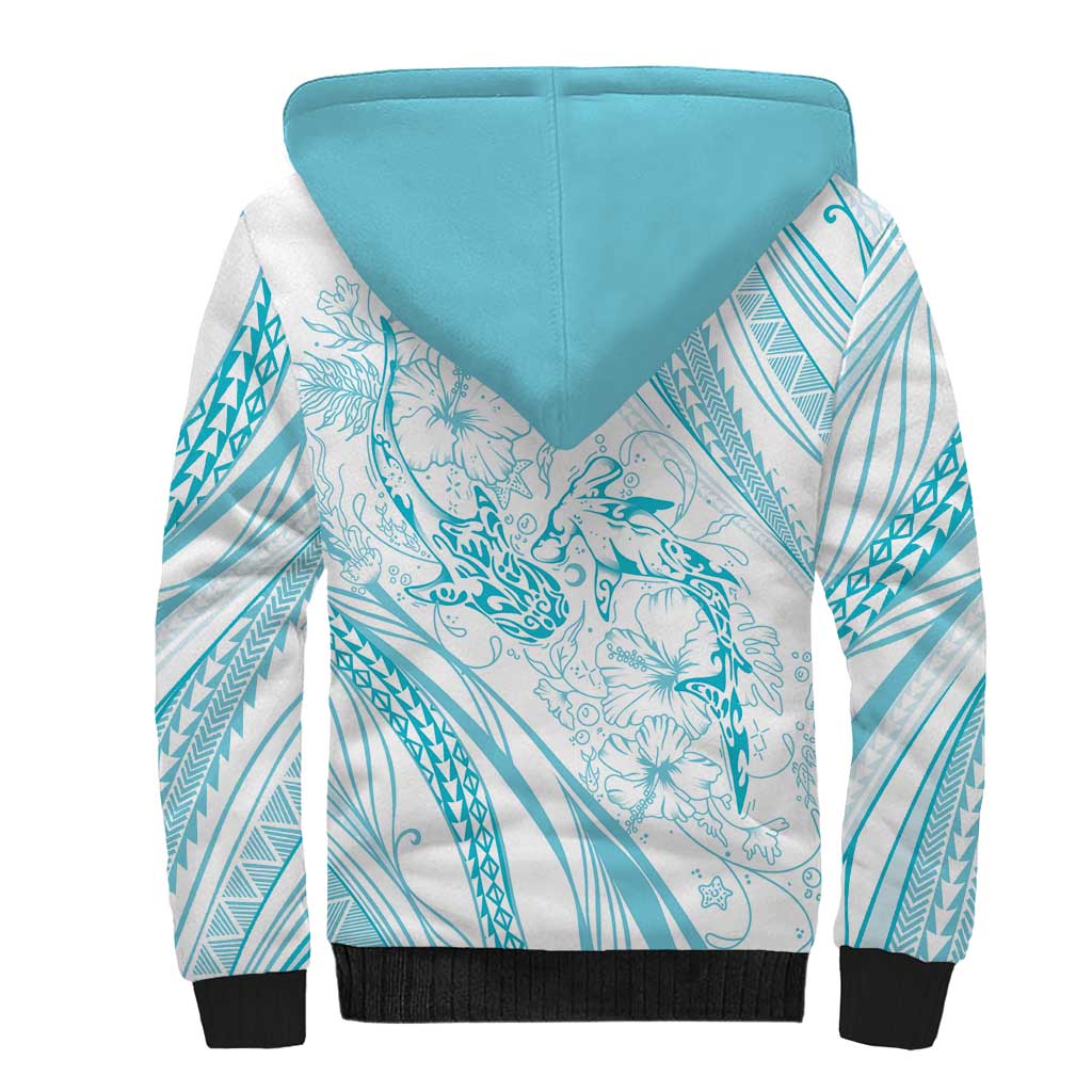 Sharks Couple Dreamy Polynesians Floral Sea Sherpa Hoodie Turquoise - Polynesian Pride