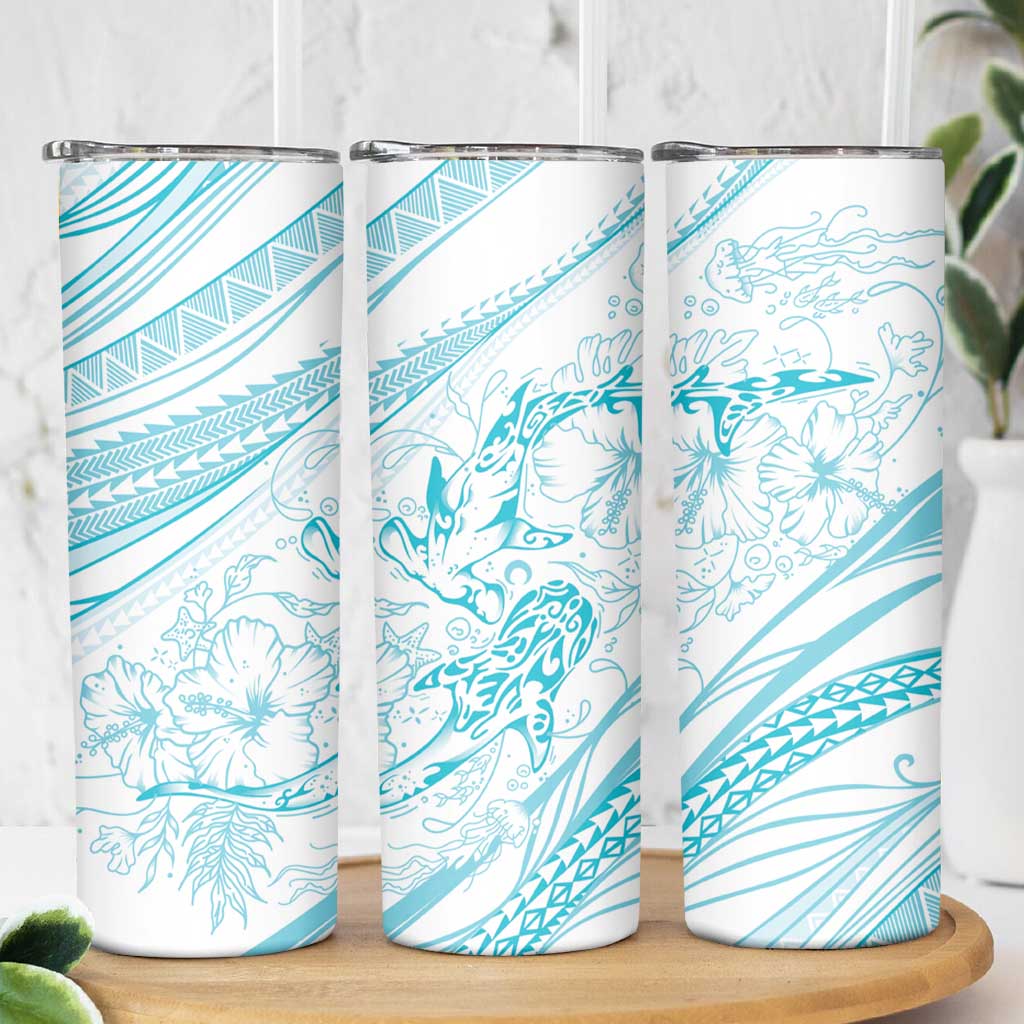 Sharks Couple Dreamy Polynesians Floral Sea Skinny Tumbler Turquoise - Polynesian Pride