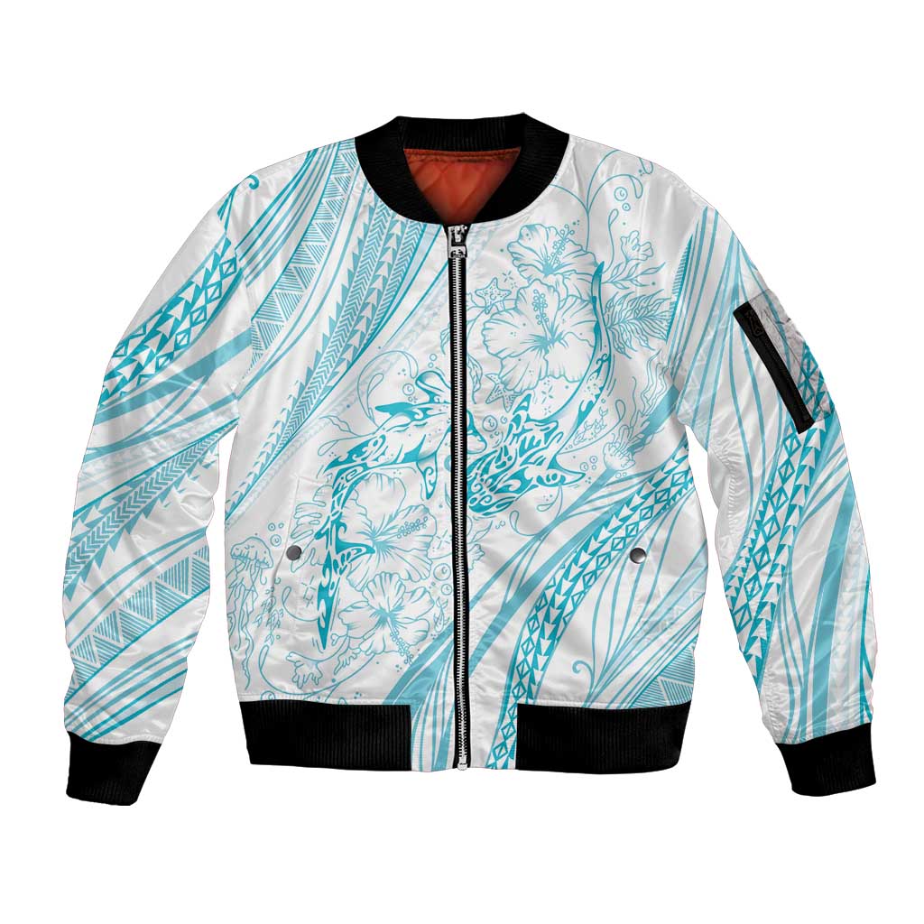 Sharks Couple Dreamy Polynesians Floral Sea Sleeve Zip Bomber Jacket Turquoise - Polynesian Pride