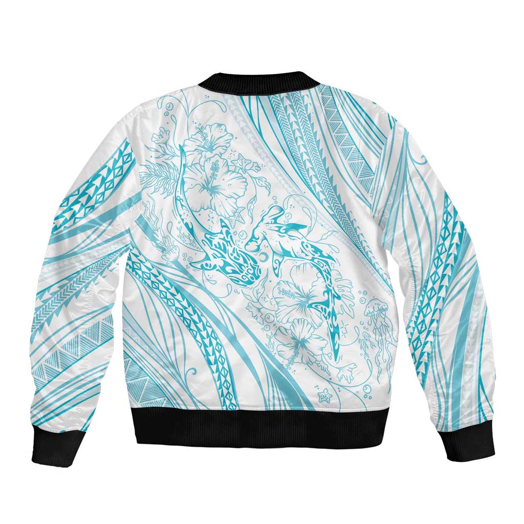 Sharks Couple Dreamy Polynesians Floral Sea Sleeve Zip Bomber Jacket Turquoise - Polynesian Pride