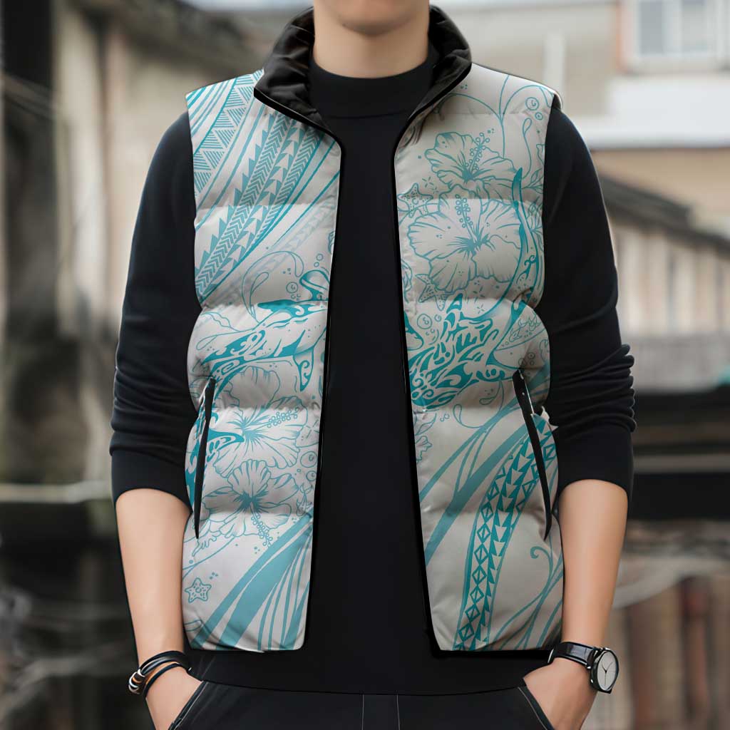 Sharks Couple Dreamy Polynesians Floral Sea Sleeveless Puffer Jacket Turquoise LT7 - Polynesian Pride