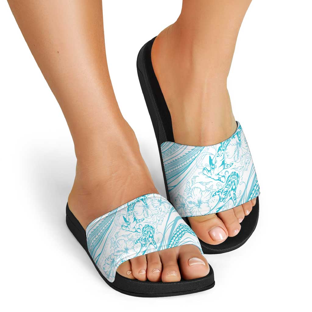 Sharks Couple Dreamy Polynesians Floral Sea Slide Sandals Turquoise - Polynesian Pride