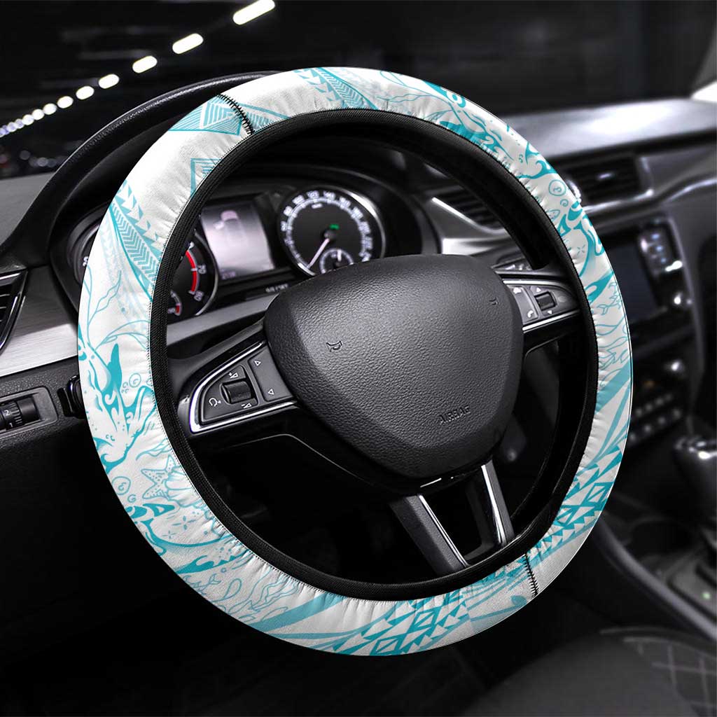 Sharks Couple Dreamy Polynesians Floral Sea Steering Wheel Cover Turquoise LT7 Universal Fit Turquoise - Polynesian Pride