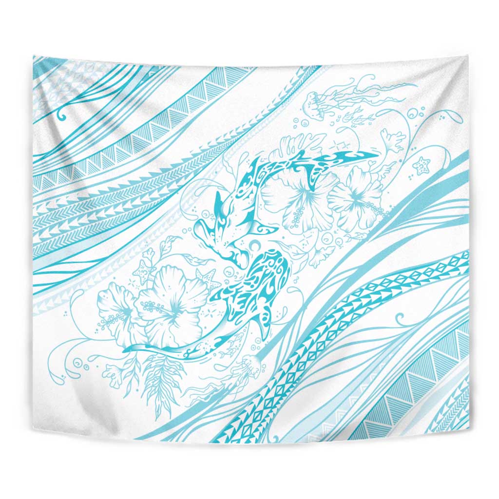 Sharks Couple Dreamy Polynesians Floral Sea Tapestry Turquoise - Polynesian Pride