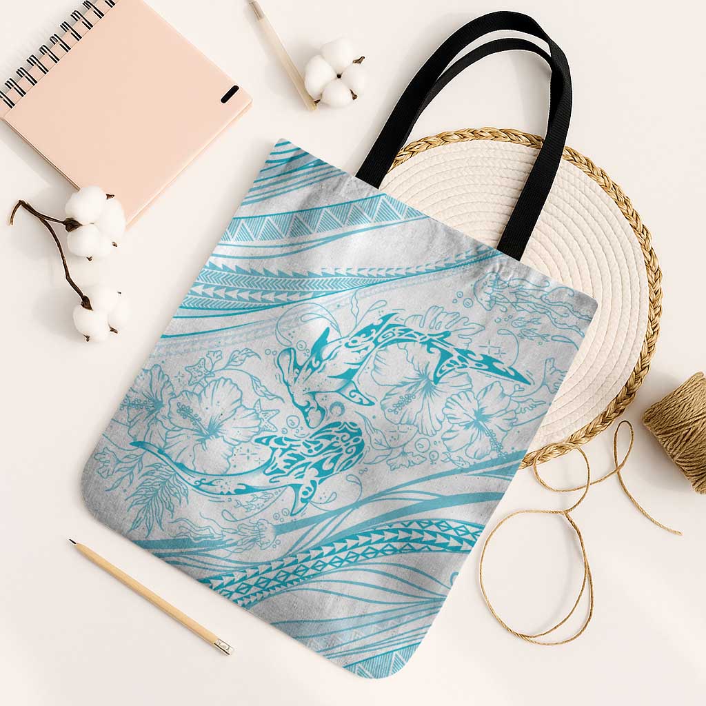 Sharks Couple Dreamy Polynesians Floral Sea Tote Bag Turquoise - Polynesian Pride