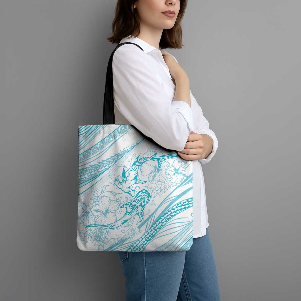 Sharks Couple Dreamy Polynesians Floral Sea Tote Bag Turquoise - Polynesian Pride
