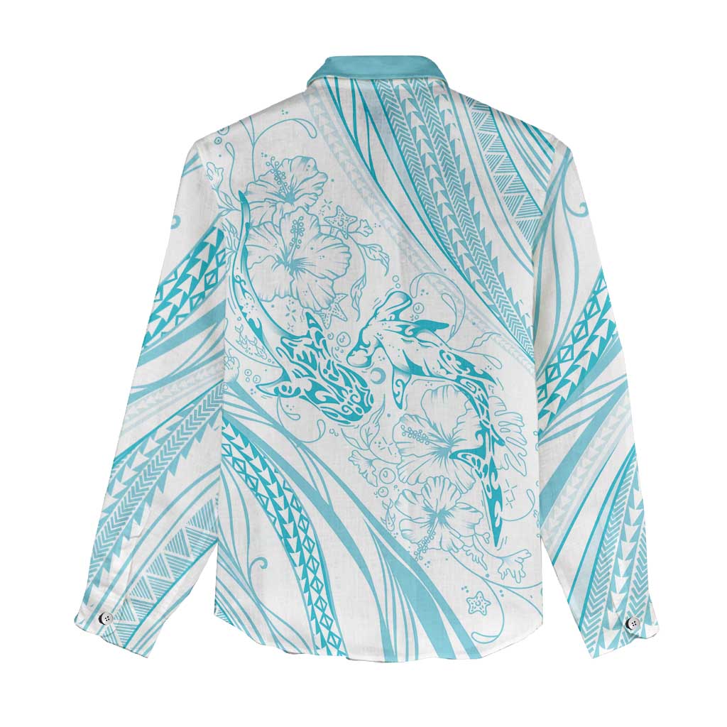 Sharks Couple Dreamy Polynesians Floral Sea Women Casual Shirt Turquoise - Polynesian Pride
