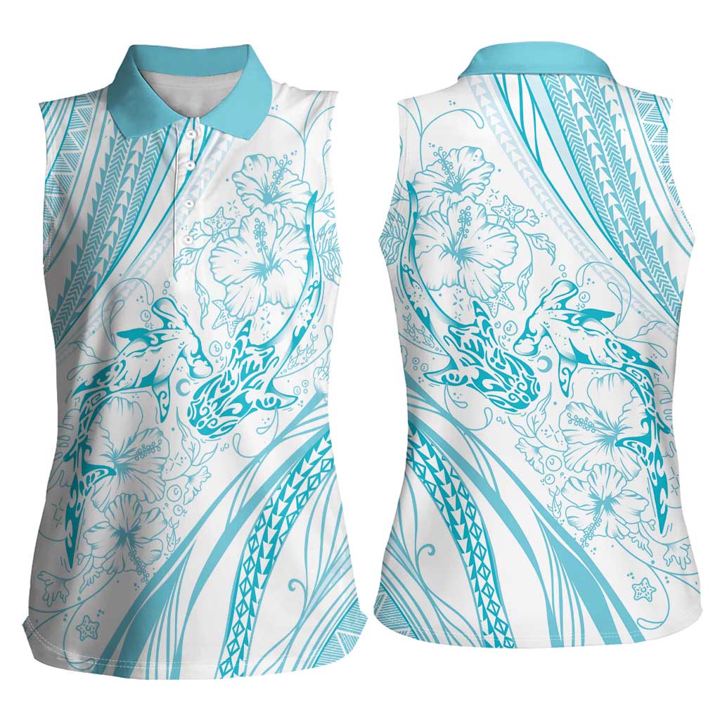 Sharks Couple Dreamy Polynesians Floral Sea Women Sleeveless Polo Shirt Turquoise - Polynesian Pride