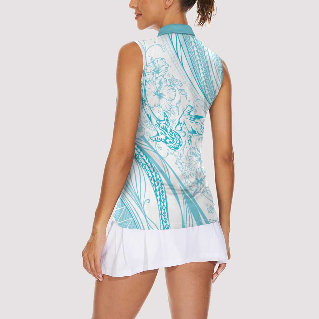 Sharks Couple Dreamy Polynesians Floral Sea Women Sleeveless Polo Shirt Turquoise - Polynesian Pride
