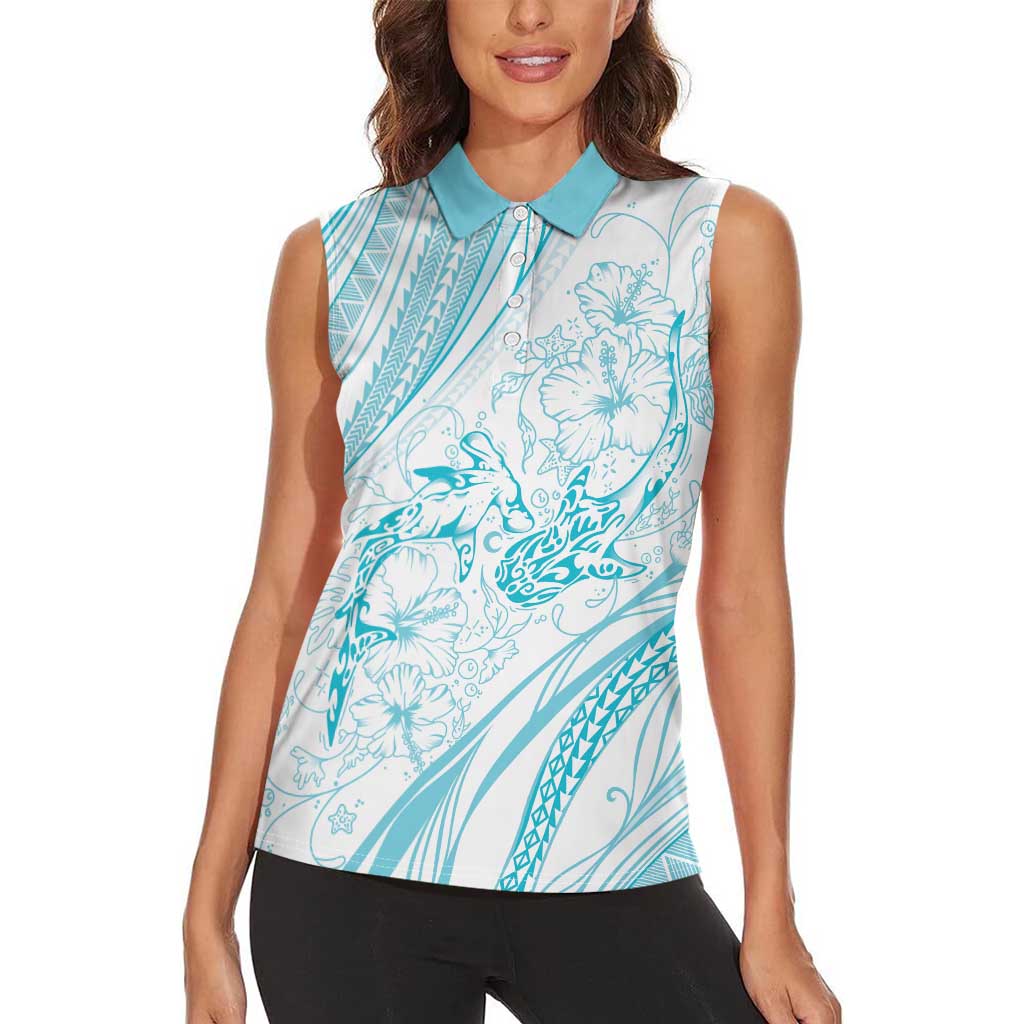 Sharks Couple Dreamy Polynesians Floral Sea Women Sleeveless Polo Shirt Turquoise - Polynesian Pride
