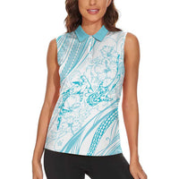 Sharks Couple Dreamy Polynesians Floral Sea Women Sleeveless Polo Shirt Turquoise - Polynesian Pride